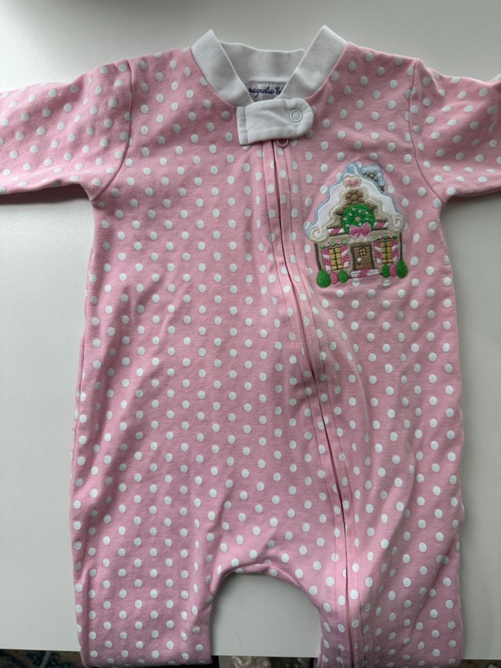 Pink Polka Dot Baby One-Piece with Gingerbread House Appliqué